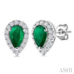 5x3 MM Pear Shape Emerald and 1/8 Ctw Round Cut Diamond Halo Precious Stud Earrings in 10K White Gold
