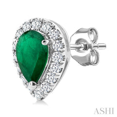 5x3 MM Pear Shape Emerald and 1/8 Ctw Round Cut Diamond Halo Precious Stud Earrings in 10K White Gold