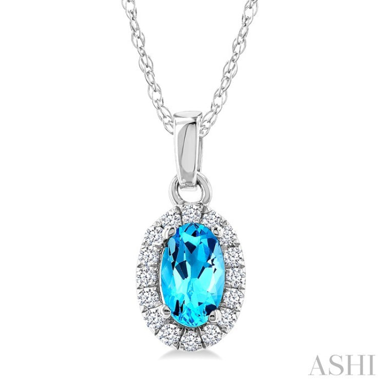 5x3 MM Oval Shape Blue Topaz and 1/20 Ctw Round Cut Diamond Halo Semi-Precious Pendant with Chain in 14K White Gold