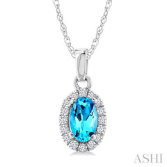 5x3 MM Oval Shape Blue Topaz and 1/20 Ctw Round Cut Diamond Halo Semi-Precious Pendant with Chain in 14K White Gold