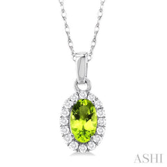 5x3 MM Oval Shape Peridot and 1/20 Ctw Single Cut Diamond Halo Semi-Precious Pendant with Chain in 10K White Gold