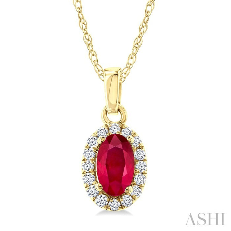 5x3 MM Oval Shape Ruby and 1/20 Ctw Round Cut Diamond Halo Precious Pendant with Chain in 14K Yellow Gold