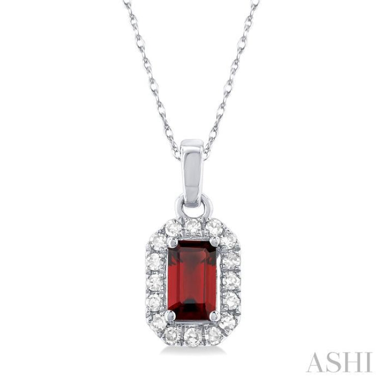5x3 MM Octagonal Shape Garnet and 1/20 Ctw Single Cut Diamond Halo Semi-Precious Pendant with Chain in 10K White Gold