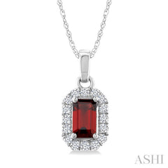 5x3 MM Octagonal Shape Garnet and 1/20 Ctw Round Cut Diamond Halo Semi-Precious Pendant with Chain in 10K White Gold
