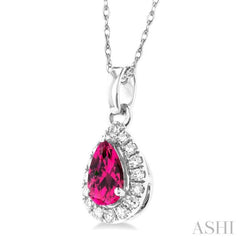 5x3 MM Pear Shape Pink Tourmaline and 1/20 Ctw Single Cut Diamond Halo Semi-Precious Pendant with Chain in 10K White Gold