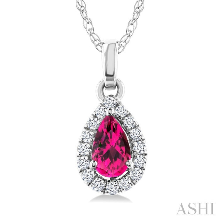 5x3 MM Pear Shape Pink Tourmaline and 1/20 Ctw Round Cut Diamond Halo Semi-Precious Pendant with Chain in 10K White Gold