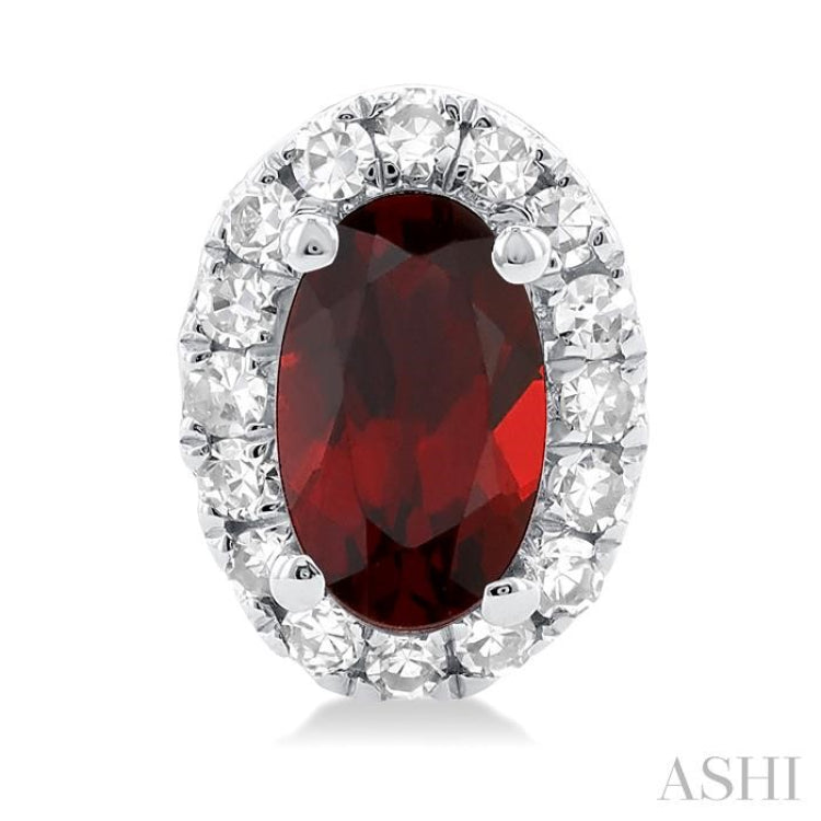 5x3 MM Oval Shape Garnet and 1/8 Ctw Single Cut Diamond Halo Semi-Precious Stud Earrings in 10K White Gold