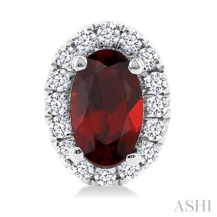 5x3 MM Oval Shape Garnet and 1/8 Ctw Round Cut Diamond Halo Semi-Precious Stud Earrings in 10K White Gold