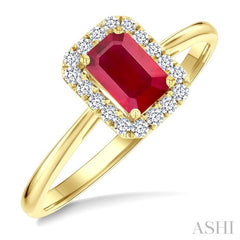 6x4 MM Octagonal Shape Ruby and 1/6 Ctw Round Cut Diamond Halo Precious Ring in 10K Yellow Gold