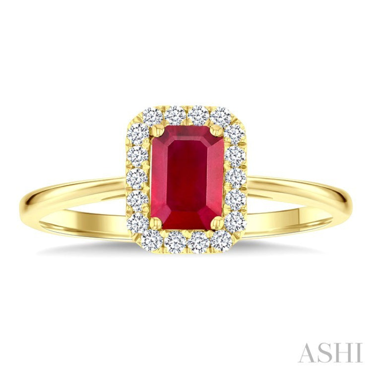 6x4 MM Octagonal Shape Ruby and 1/6 Ctw Round Cut Diamond Halo Precious Ring in 10K Yellow Gold