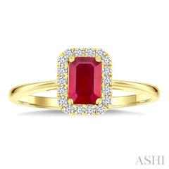 6x4 MM Octagonal Shape Ruby and 1/6 Ctw Round Cut Diamond Halo Precious Ring in 10K Yellow Gold