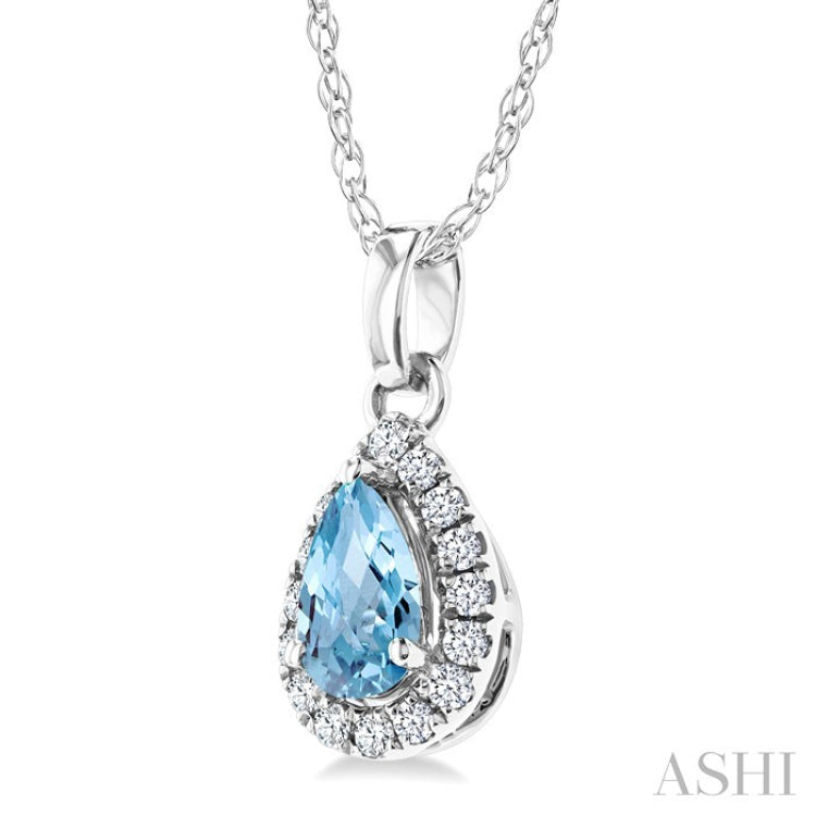 5x3 MM Pear Shape Aquamarine and 1/20 Ctw Round Cut Diamond Halo Semi-Precious Pendant with Chain in 10K White Gold