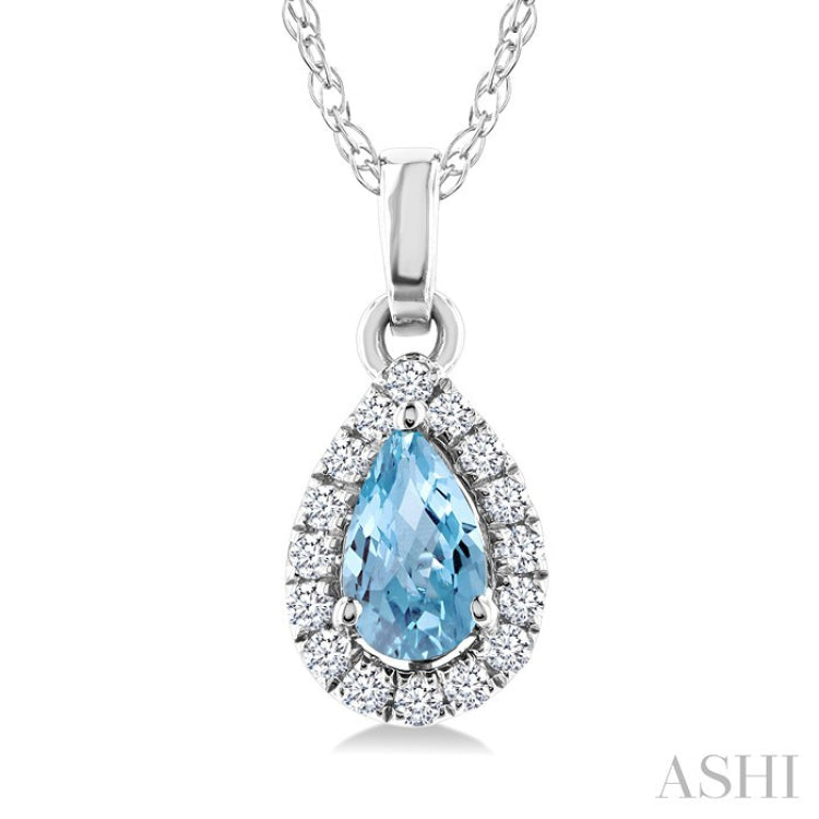 5x3 MM Pear Shape Aquamarine and 1/20 Ctw Round Cut Diamond Halo Semi-Precious Pendant with Chain in 10K White Gold