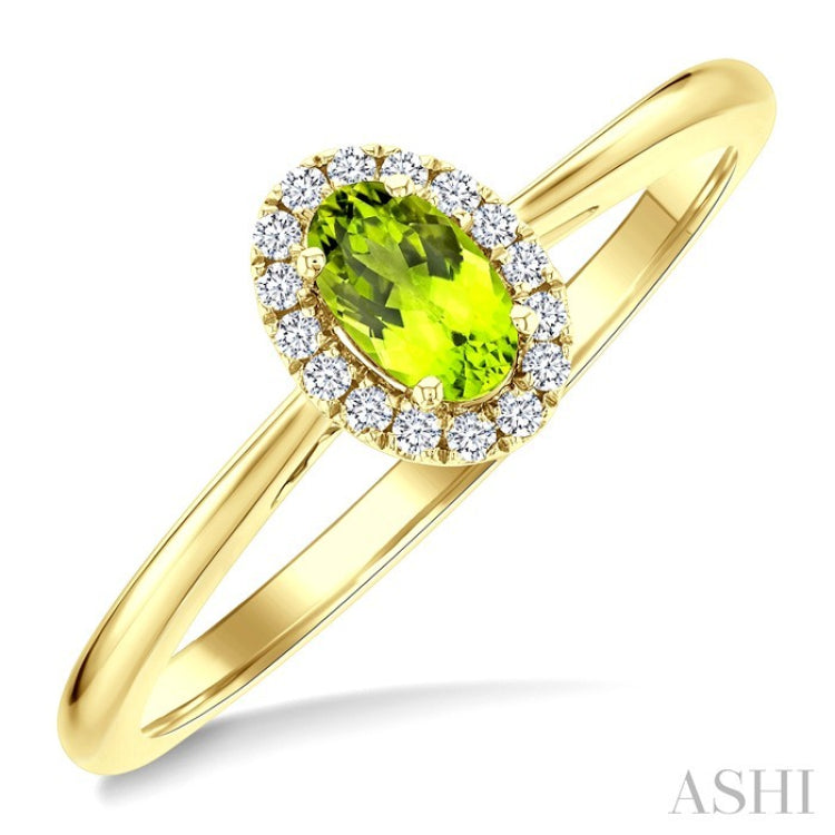 5x3 MM Oval Shape Peridot and 1/20 Ctw Round Cut Diamond Halo Semi-Precious Ring in 10K Yellow Gold