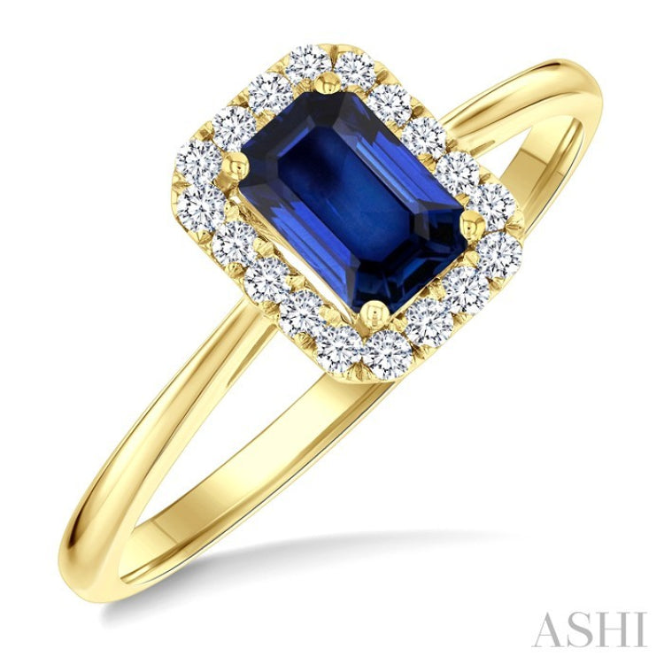 6x4 MM Octagonal Shape Sapphire and 1/6 Ctw Round Cut Diamond Halo Precious Ring in 14K Yellow Gold