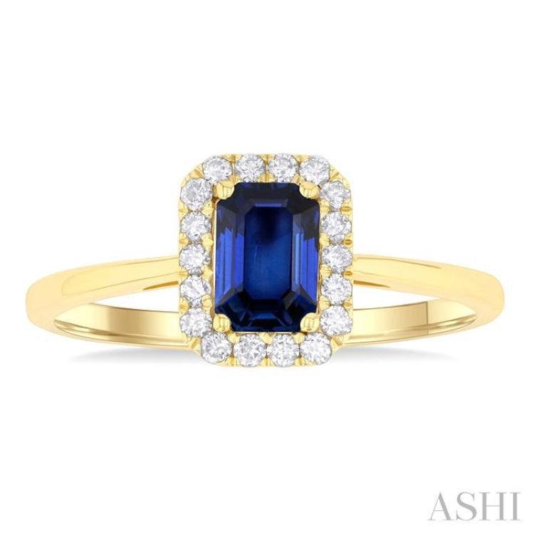 6x4 MM Octagonal Shape Sapphire and 1/6 Ctw Round Cut Diamond Halo Precious Ring in 14K Yellow Gold