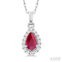 5x3 MM Pear Shape Ruby and 1/20 Ctw Single Cut Diamond Halo Precious Pendant with Chain in 14K White Gold