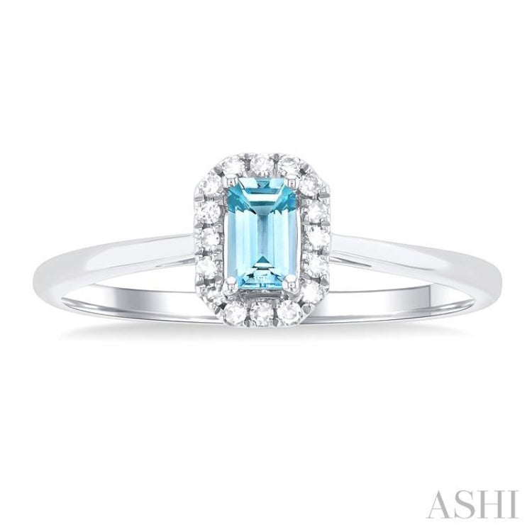5x3 MM Octagonal Shape Aquamarine and 1/20 Ctw Single Cut Diamond Halo Semi-Precious Ring in 10K White Gold