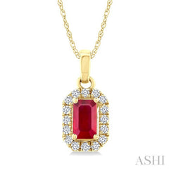 5x3 MM Octagonal Shape Ruby and 1/20 Ctw Round Cut Diamond Halo Precious Pendant with Chain in 10K Yellow Gold