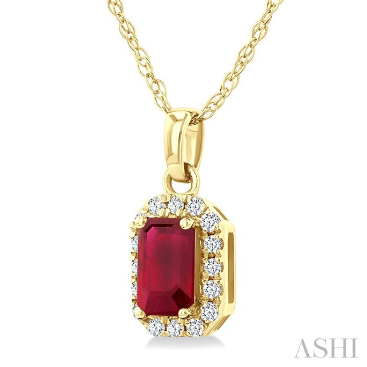 5x3 MM Octagonal Shape Ruby and 1/20 Ctw Round Cut Diamond Halo Precious Pendant with Chain in 10K Yellow Gold