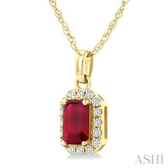 5x3 MM Octagonal Shape Ruby and 1/20 Ctw Round Cut Diamond Halo Precious Pendant with Chain in 10K Yellow Gold