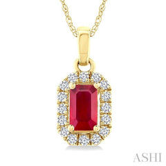 5x3 MM Octagonal Shape Ruby and 1/20 Ctw Round Cut Diamond Halo Precious Pendant with Chain in 10K Yellow Gold
