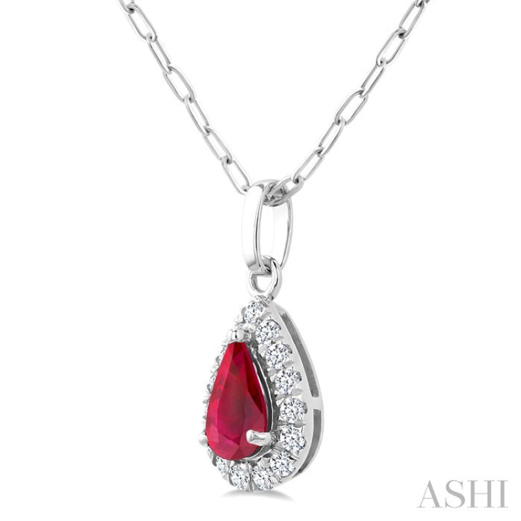 6x4 MM Pear Shape Ruby and 1/6 Ctw Round Cut Diamond Halo Precious Pendant with Chain in 14K White Gold