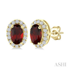 5x3 MM Oval Shape Garnet and 1/8 Ctw Round Cut Diamond Halo Semi-Precious Stud Earrings in 10K Yellow Gold
