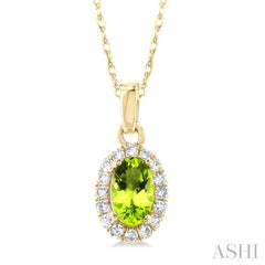 5x3 MM Oval Shape Peridot and 1/20 Ctw Single Cut Diamond Halo Semi-Precious Pendant with Chain in 10K Yellow Gold