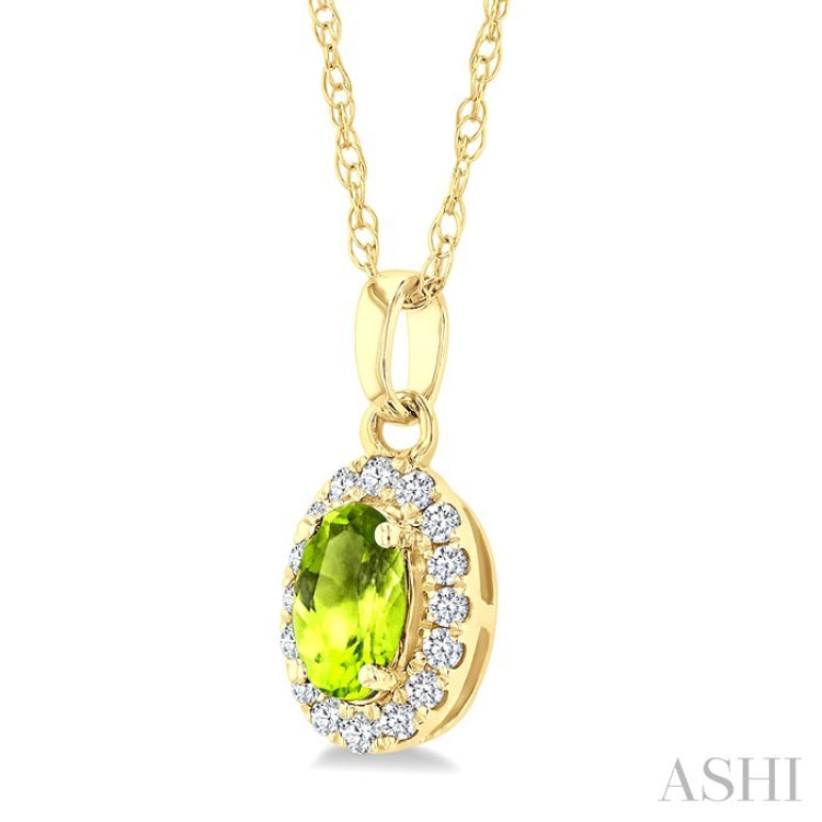 5x3 MM Oval Shape Peridot and 1/20 Ctw Round Cut Diamond Halo Semi-Precious Pendant with Chain in 10K Yellow Gold