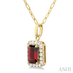 6x4 MM Octagonal Shape Garnet and 1/6 Ctw Round Cut Diamond Halo Semi-Precious Pendant with Chain in 14K Yellow Gold