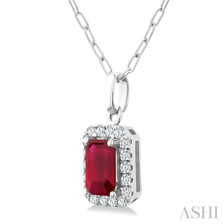 6x4 MM Octagonal Shape Ruby and 1/6 Ctw Round Cut Diamond Halo Precious Pendant with Chain in 10K White Gold