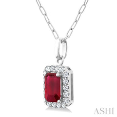 6x4 MM Octagonal Shape Ruby and 1/6 Ctw Round Cut Diamond Halo Precious Pendant with Chain in 10K White Gold