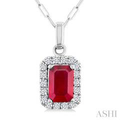 6x4 MM Octagonal Shape Ruby and 1/6 Ctw Round Cut Diamond Halo Precious Pendant with Chain in 10K White Gold