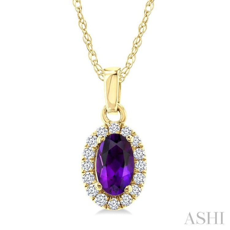 5x3 MM Oval Shape Amethyst and 1/20 Ctw Round Cut Diamond Halo Semi-Precious Pendant with Chain in 10K Yellow Gold