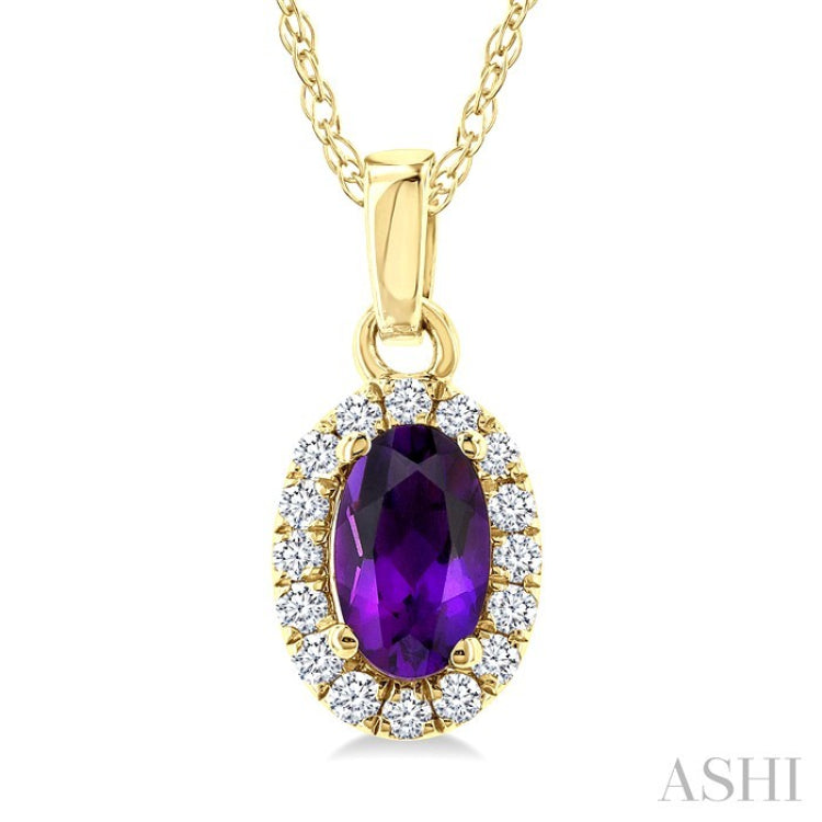 5x3 MM Oval Shape Amethyst and 1/20 Ctw Round Cut Diamond Halo Semi-Precious Pendant with Chain in 10K Yellow Gold