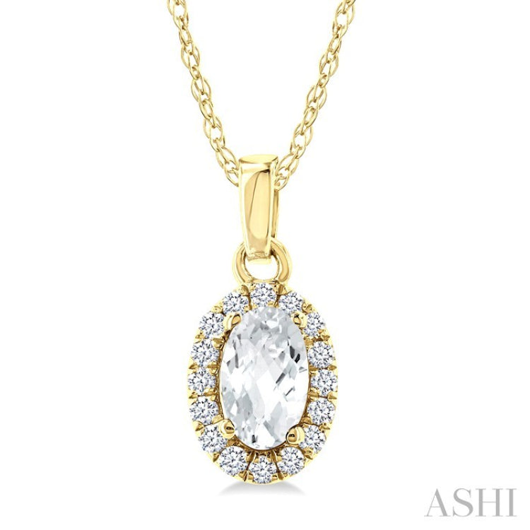 5x3 MM Oval Shape White Topaz and 1/20 Ctw Round Cut Diamond Halo Semi-Precious Pendant with Chain in 10K Yellow Gold