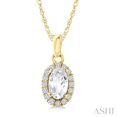 5x3 MM Oval Shape White Topaz and 1/20 Ctw Round Cut Diamond Halo Semi-Precious Pendant with Chain in 10K Yellow Gold