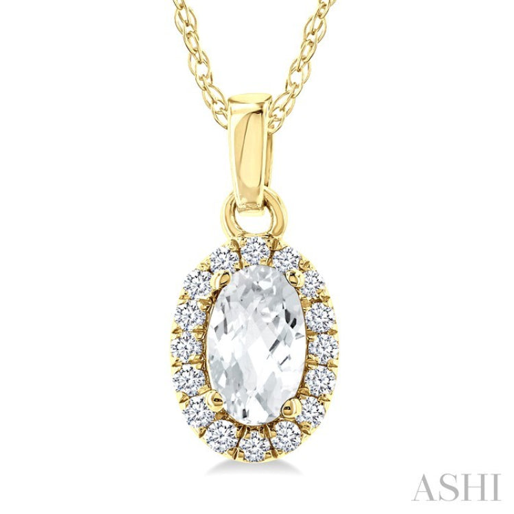 5x3 MM Oval Shape White Topaz and 1/20 Ctw Round Cut Diamond Halo Semi-Precious Pendant with Chain in 10K Yellow Gold