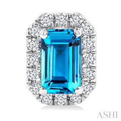 5x3 MM Octagonal Shape Blue Topaz and 1/8 Ctw Round Cut Diamond Halo Semi-Precious Stud Earrings in 10K White Gold