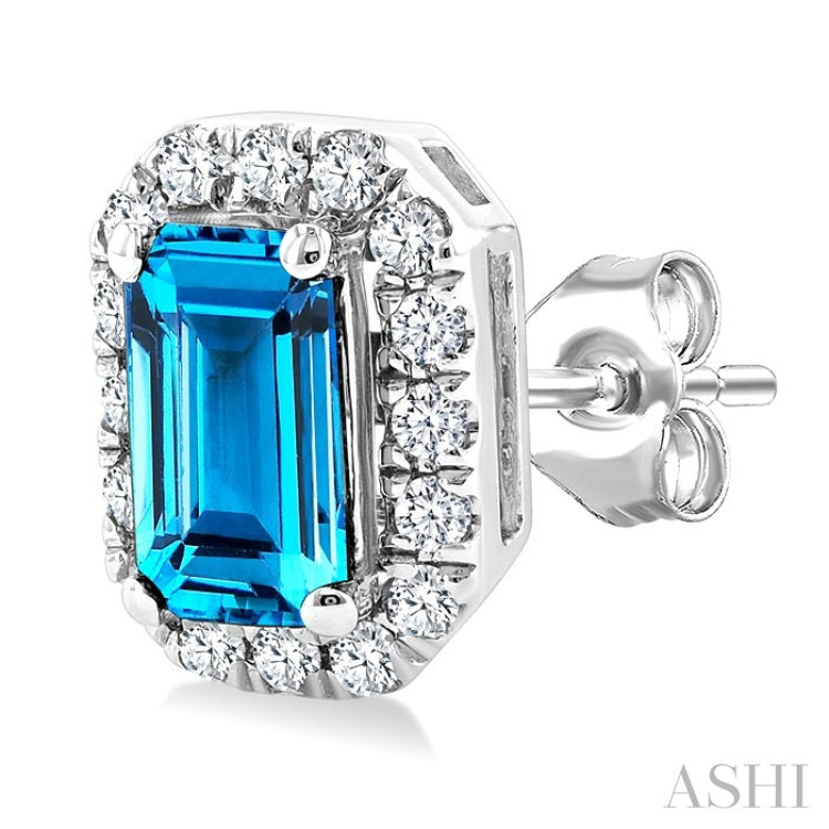 5x3 MM Octagonal Shape Blue Topaz and 1/8 Ctw Round Cut Diamond Halo Semi-Precious Stud Earrings in 10K White Gold