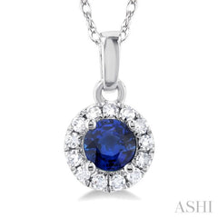 3.25 MM Round Sapphire and 1/20 Ctw Single Cut Diamond Halo Precious Pendant with Chain in 14K White Gold