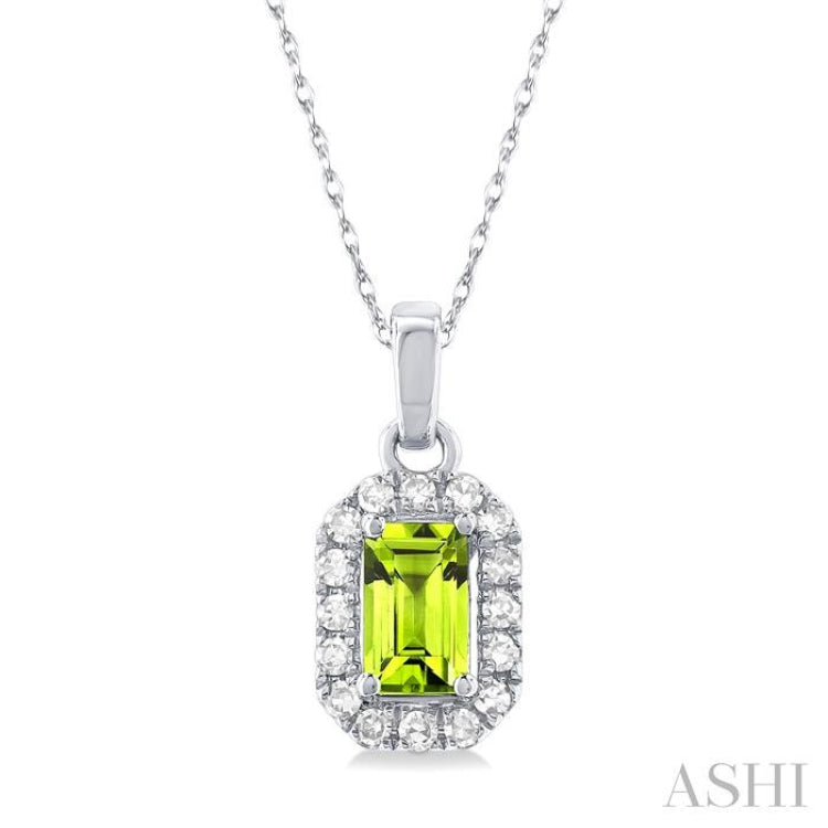 5x3 MM Octagonal Shape Peridot and 1/20 Ctw Single Cut Diamond Halo Semi-Precious Pendant with Chain in 14K White Gold
