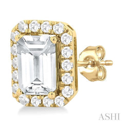 6x4 MM Octagonal Shape White Topaz and 1/4 Ctw Round Cut Diamond Halo Semi-Precious Stud Earrings in 10K Yellow Gold