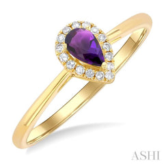 5x3 MM Pear Shape Amethyst and 1/20 Ctw Single Cut Diamond Halo Semi-Precious Ring in 14K Yellow Gold