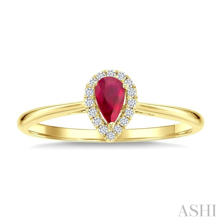 5x3 MM Pear Shape Ruby and 1/20 Ctw Round Cut Diamond Halo Precious Ring in 10K Yellow Gold