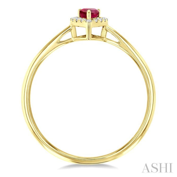 5x3 MM Pear Shape Ruby and 1/20 Ctw Round Cut Diamond Halo Precious Ring in 10K Yellow Gold