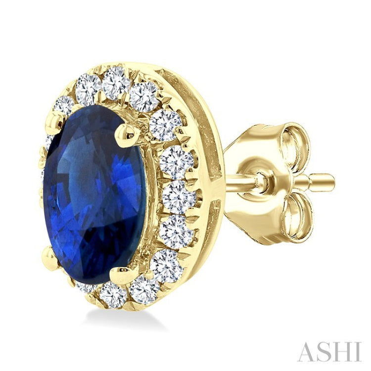 5x3 MM Oval Shape Sapphire and 1/8 Ctw Round Cut Diamond Halo Precious Stud Earrings in 10K Yellow Gold