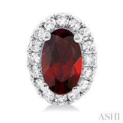 5x3 MM Oval Shape Garnet and 1/8 Ctw Single Cut Diamond Halo Semi-Precious Stud Earrings in 14K White Gold