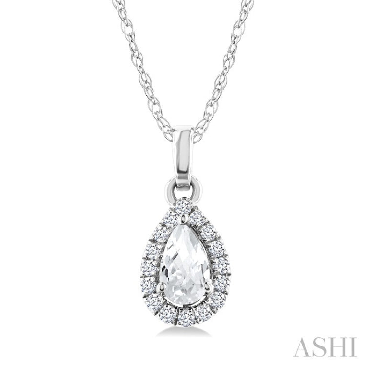 5x3 MM Pear Shape White Topaz and 1/20 Ctw Round Cut Diamond Halo Semi-Precious Pendant with Chain in 10K White Gold